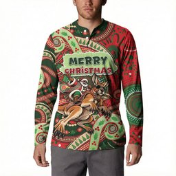 Aboriginal Christmas Button Sweatshirt Santa Riding Leaping Kangaroo Dot Pattern