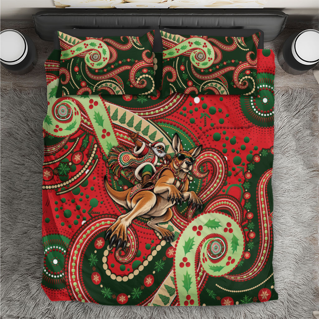 Aboriginal Christmas Bedding Set Santa Riding Leaping Kangaroo Dot Pattern