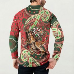 Aboriginal Christmas Button Sweatshirt Santa Riding Leaping Kangaroo Dot Pattern