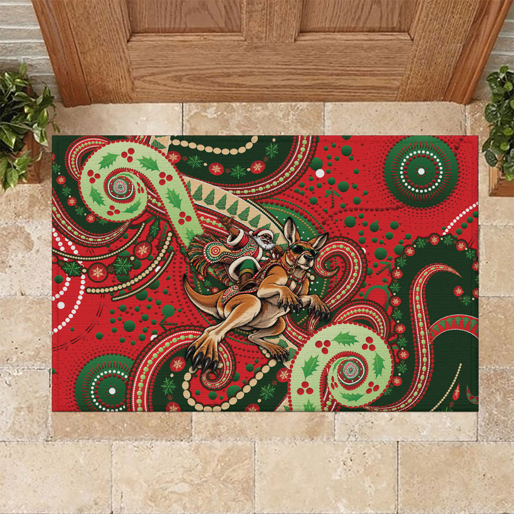 Aboriginal Christmas Rubber Doormat Santa Riding Leaping Kangaroo Dot Pattern