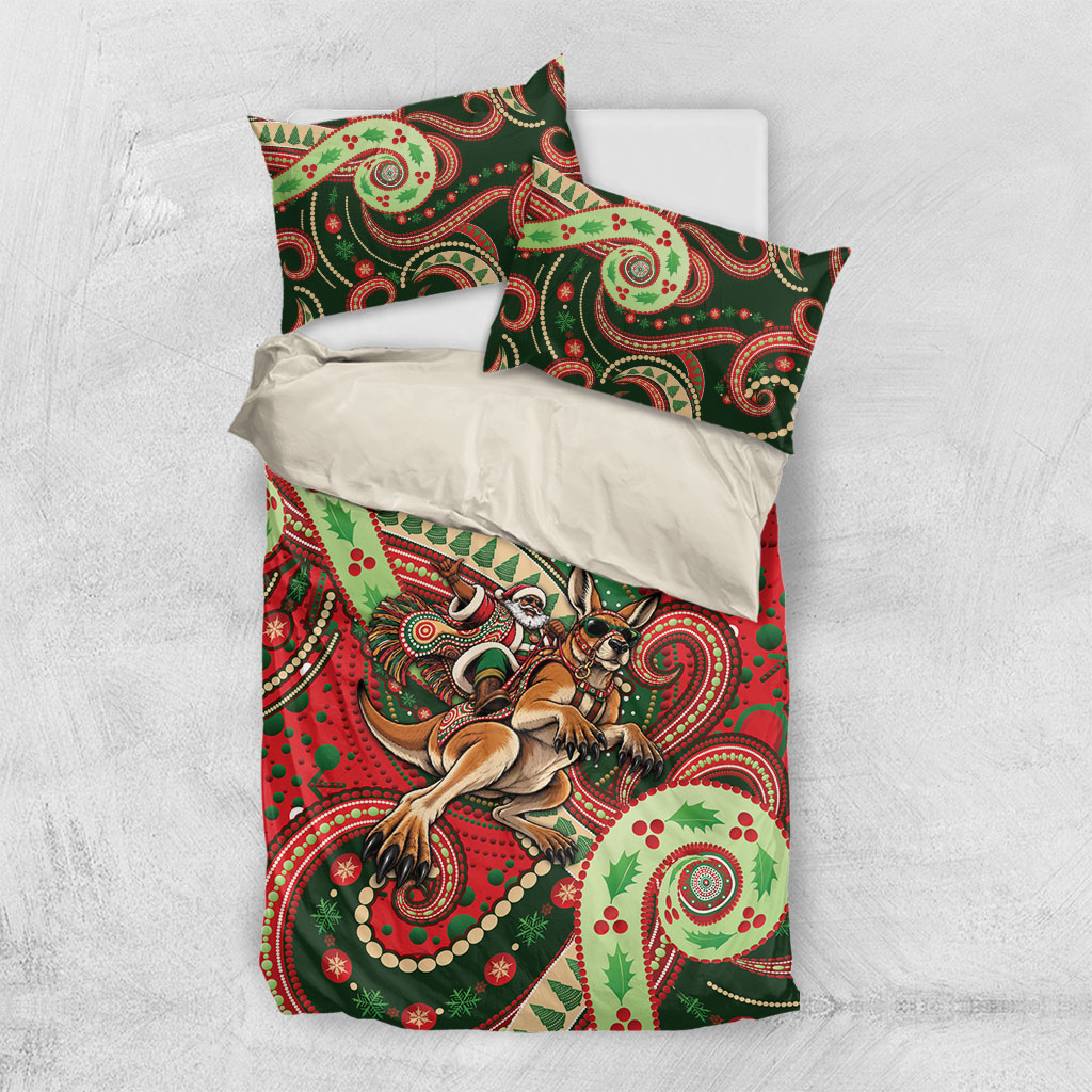 Aboriginal Christmas Bedding Set Santa Riding Leaping Kangaroo Dot Pattern