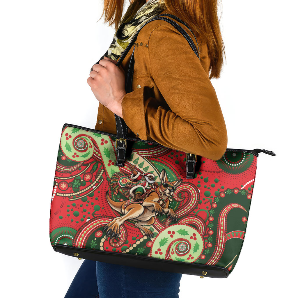 Aboriginal Christmas Leather Tote Bag Santa Riding Leaping Kangaroo Dot Pattern