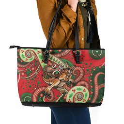 Aboriginal Christmas Leather Tote Bag Santa Riding Leaping Kangaroo Dot Pattern
