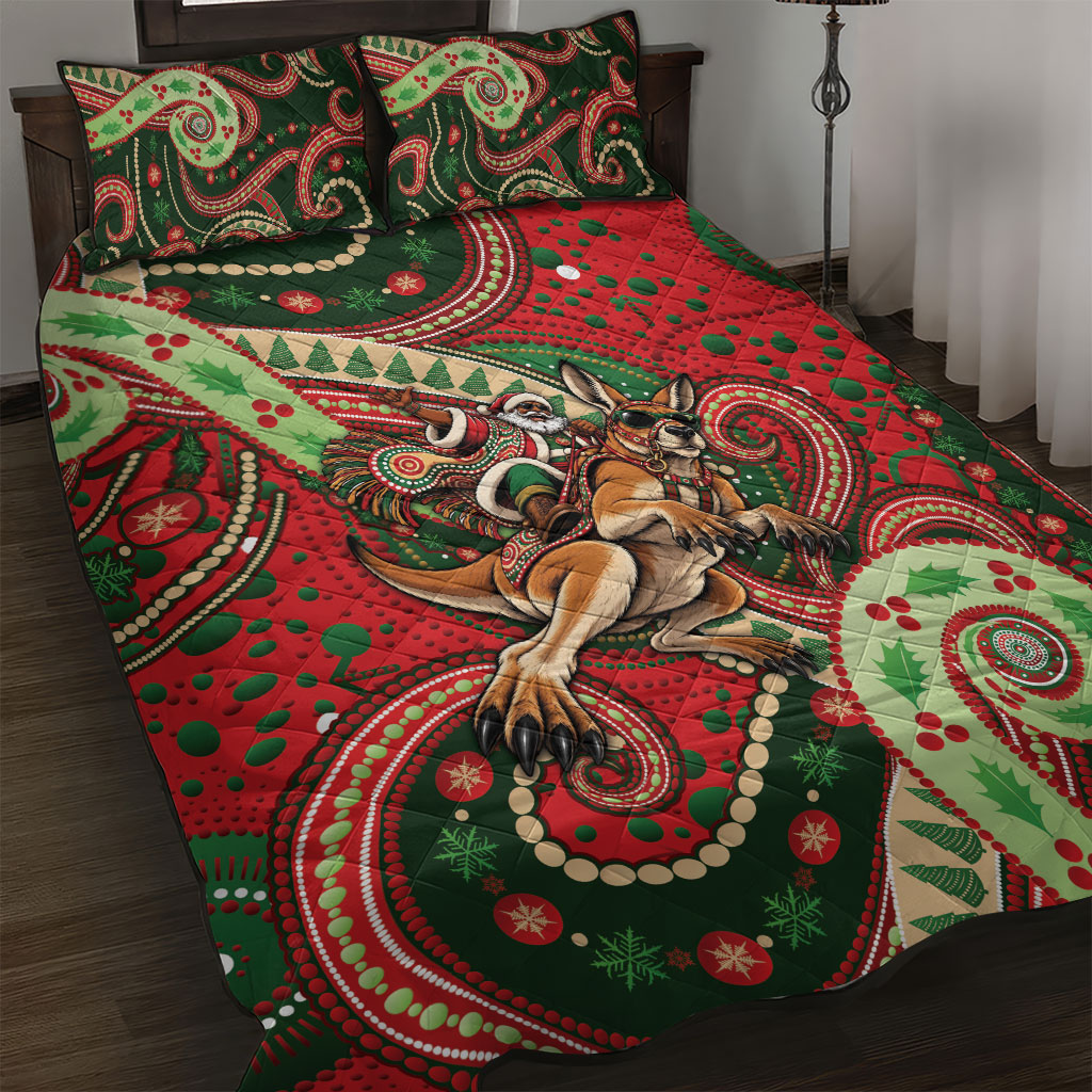Aboriginal Christmas Quilt Bed Set Santa Riding Leaping Kangaroo Dot Pattern