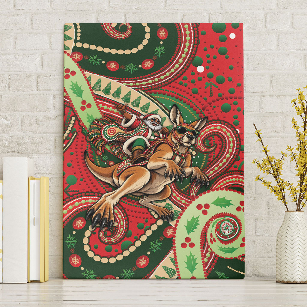 Aboriginal Christmas Canvas Wall Art Santa Riding Leaping Kangaroo Dot Pattern