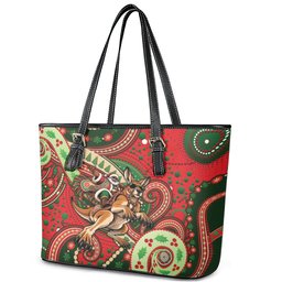 Aboriginal Christmas Leather Tote Bag Santa Riding Leaping Kangaroo Dot Pattern