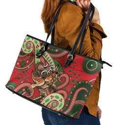 Aboriginal Christmas Leather Tote Bag Santa Riding Leaping Kangaroo Dot Pattern