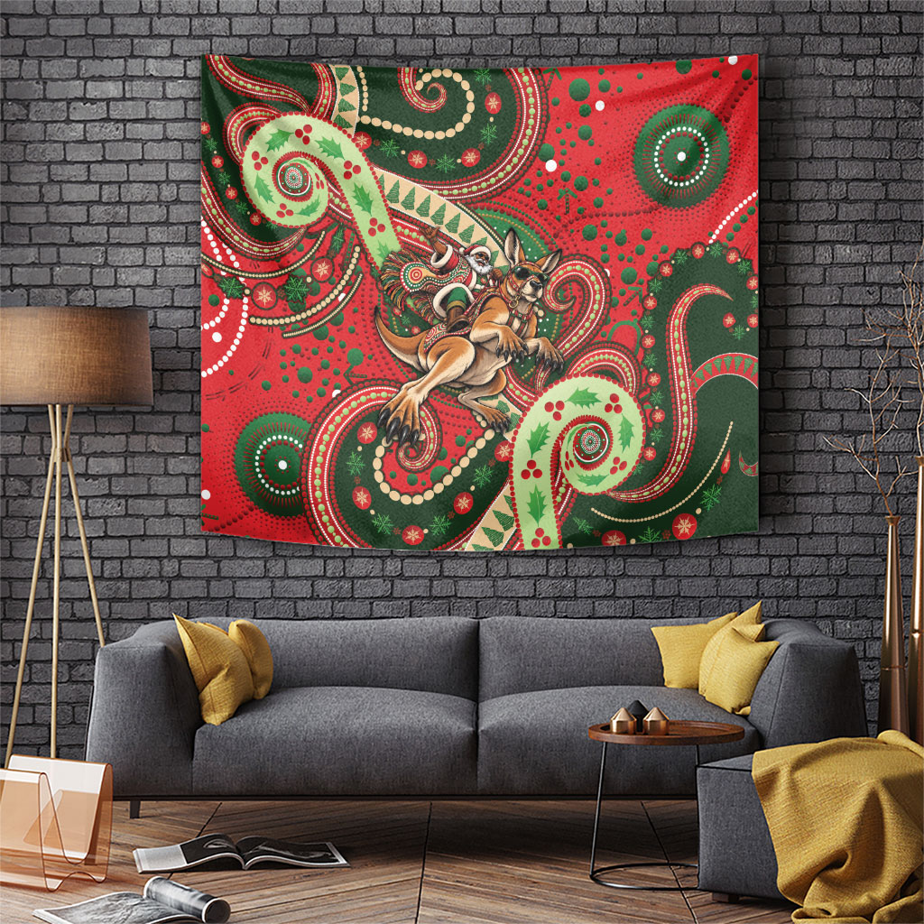 Aboriginal Christmas Tapestry Santa Riding Leaping Kangaroo Dot Pattern