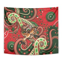 Aboriginal Christmas Tapestry Santa Riding Leaping Kangaroo Dot Pattern