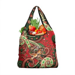 Aboriginal Christmas Grocery Bag Santa Riding Leaping Kangaroo Dot Pattern