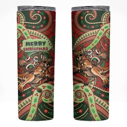 Aboriginal Christmas Skinny Tumbler Santa Riding Leaping Kangaroo Dot Pattern