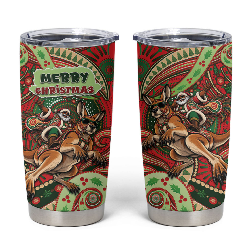 Aboriginal Christmas Tumbler Cup Santa Riding Leaping Kangaroo Dot Pattern