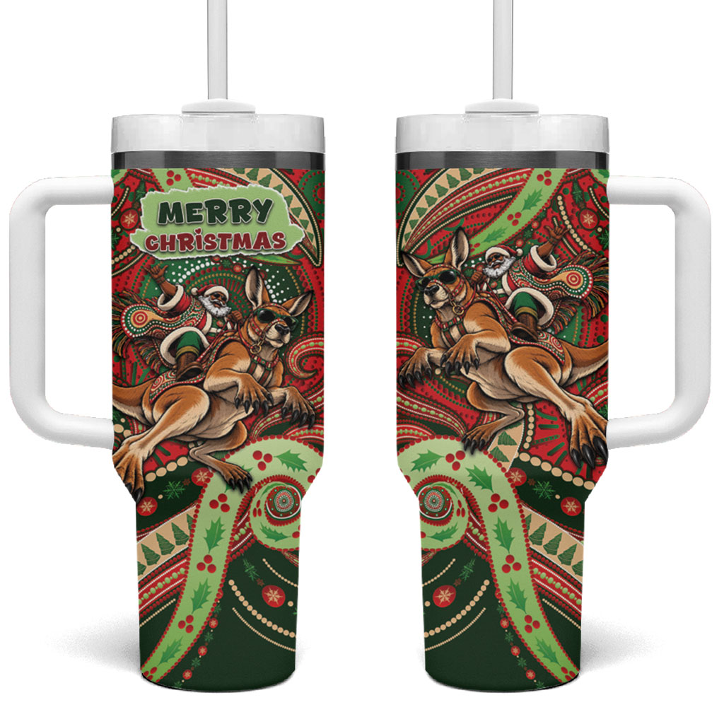 Aboriginal Christmas Tumbler With Handle Santa Riding Leaping Kangaroo Dot Pattern