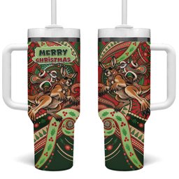Aboriginal Christmas Tumbler With Handle Santa Riding Leaping Kangaroo Dot Pattern