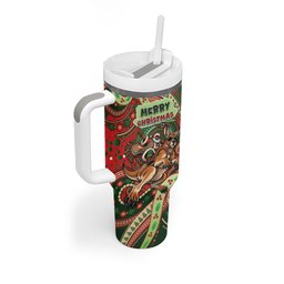 Aboriginal Christmas Tumbler With Handle Santa Riding Leaping Kangaroo Dot Pattern