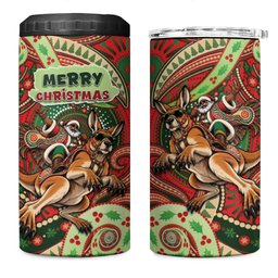 Aboriginal Christmas 4 in 1 Can Cooler Tumbler Santa Riding Leaping Kangaroo Dot Pattern