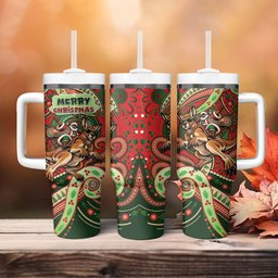 Aboriginal Christmas Tumbler With Handle Santa Riding Leaping Kangaroo Dot Pattern