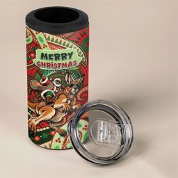 Aboriginal Christmas 4 in 1 Can Cooler Tumbler Santa Riding Leaping Kangaroo Dot Pattern