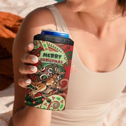 Aboriginal Christmas 4 in 1 Can Cooler Tumbler Santa Riding Leaping Kangaroo Dot Pattern