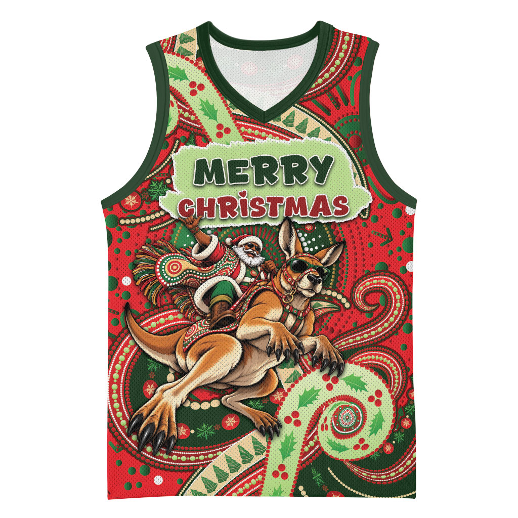 Aboriginal Christmas Basketball Jersey Santa Riding Leaping Kangaroo Dot Pattern