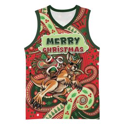 Aboriginal Christmas Basketball Jersey Santa Riding Leaping Kangaroo Dot Pattern