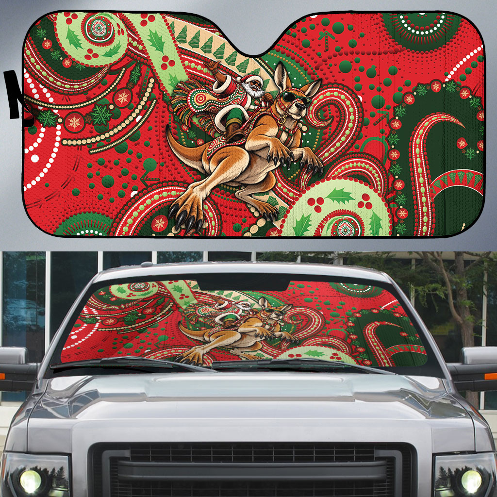 Aboriginal Christmas Auto Sun Shade Santa Riding Leaping Kangaroo Dot Pattern