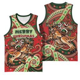 Aboriginal Christmas Basketball Jersey Santa Riding Leaping Kangaroo Dot Pattern