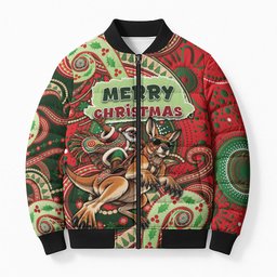 Aboriginal Christmas Bomber Puffer Jacket Santa Riding Leaping Kangaroo Dot Pattern