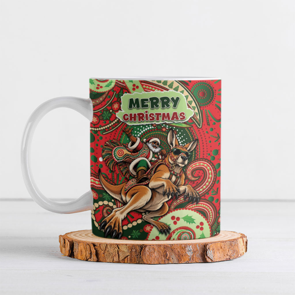 Aboriginal Christmas Ceramic Mug Santa Riding Leaping Kangaroo Dot Pattern