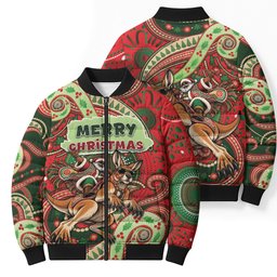 Aboriginal Christmas Bomber Puffer Jacket Santa Riding Leaping Kangaroo Dot Pattern