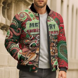 Aboriginal Christmas Bomber Puffer Jacket Santa Riding Leaping Kangaroo Dot Pattern