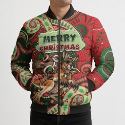 Aboriginal Christmas Bomber Puffer Jacket Santa Riding Leaping Kangaroo Dot Pattern