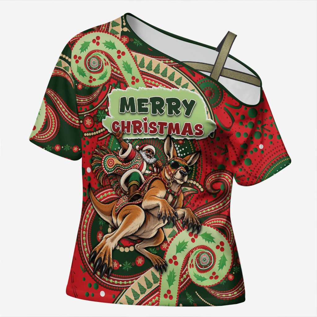 Aboriginal Christmas Cross Shoulder Shirt Santa Riding Leaping Kangaroo Dot Pattern