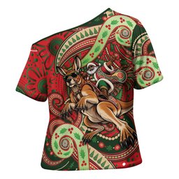 Aboriginal Christmas Cross Shoulder Shirt Santa Riding Leaping Kangaroo Dot Pattern