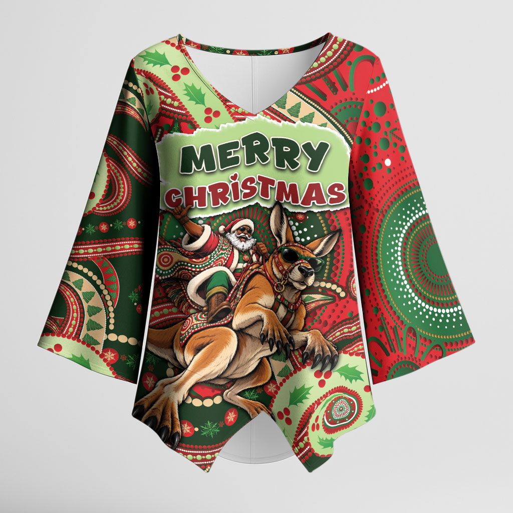 Aboriginal Christmas Kimono Sleeve Blouse Santa Riding Leaping Kangaroo Dot Pattern