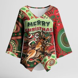 Aboriginal Christmas Kimono Sleeve Blouse Santa Riding Leaping Kangaroo Dot Pattern