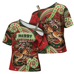 Aboriginal Christmas Cross Shoulder Shirt Santa Riding Leaping Kangaroo Dot Pattern