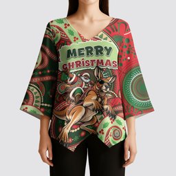 Aboriginal Christmas Kimono Sleeve Blouse Santa Riding Leaping Kangaroo Dot Pattern