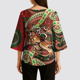 Aboriginal Christmas Kimono Sleeve Blouse Santa Riding Leaping Kangaroo Dot Pattern
