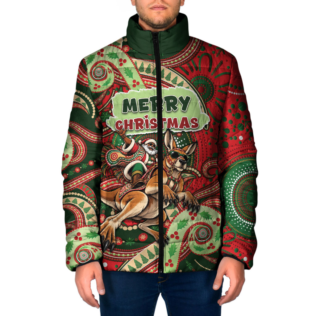Aboriginal Christmas Padded Jacket Santa Riding Leaping Kangaroo Dot Pattern