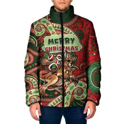Aboriginal Christmas Padded Jacket Santa Riding Leaping Kangaroo Dot Pattern