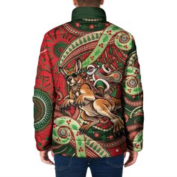 Aboriginal Christmas Padded Jacket Santa Riding Leaping Kangaroo Dot Pattern