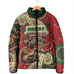 Aboriginal Christmas Padded Jacket Santa Riding Leaping Kangaroo Dot Pattern