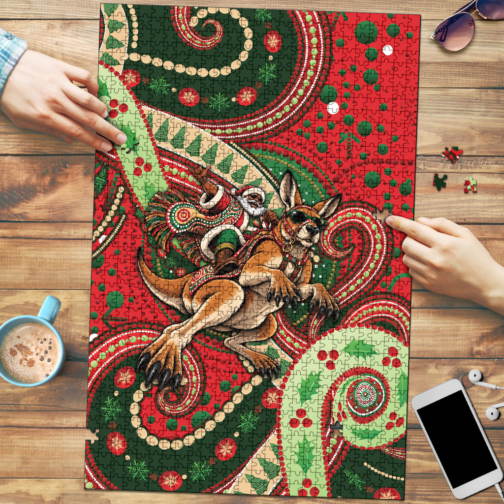 Aboriginal Christmas Puzzle Santa Riding Leaping Kangaroo Dot Pattern