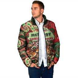 Aboriginal Christmas Padded Jacket Santa Riding Leaping Kangaroo Dot Pattern
