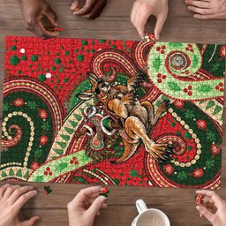 Aboriginal Christmas Puzzle Santa Riding Leaping Kangaroo Dot Pattern