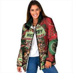 Aboriginal Christmas Padded Jacket Santa Riding Leaping Kangaroo Dot Pattern