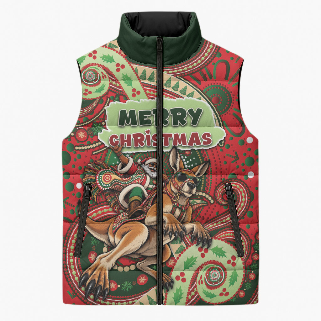 Aboriginal Christmas Sleeveless Puffer Jacket Santa Riding Leaping Kangaroo Dot Pattern
