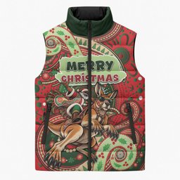 Aboriginal Christmas Sleeveless Puffer Jacket Santa Riding Leaping Kangaroo Dot Pattern