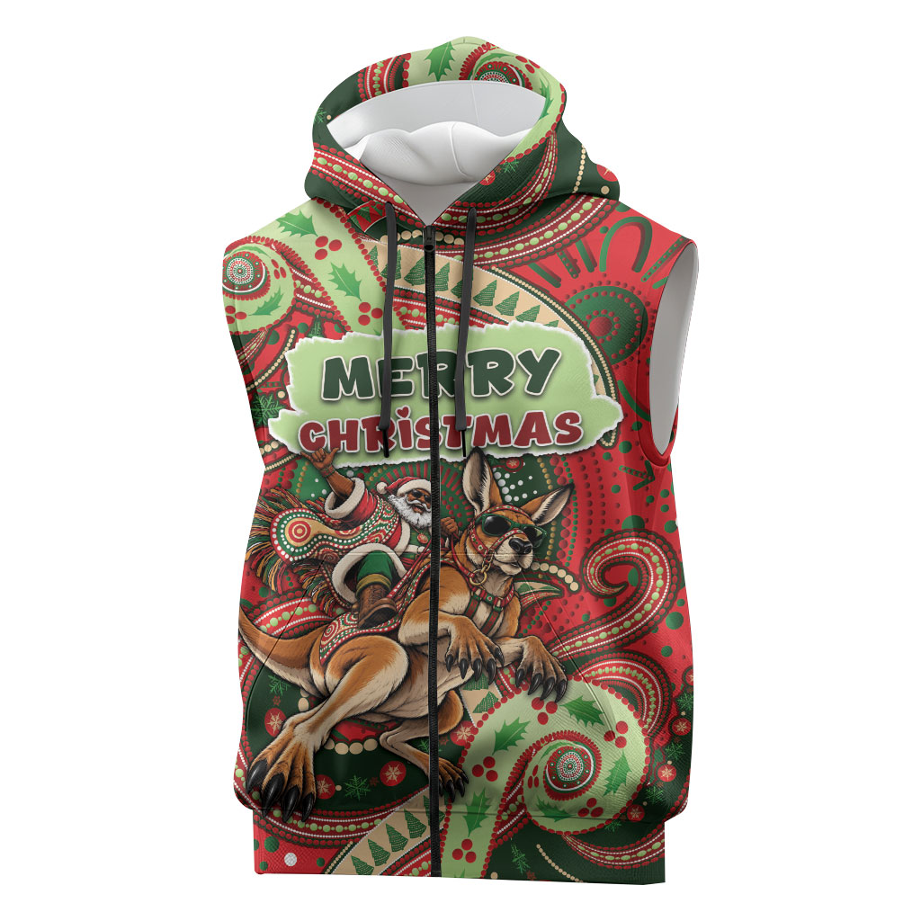 Aboriginal Christmas Sleeveless Zip Hoodie Santa Riding Leaping Kangaroo Dot Pattern